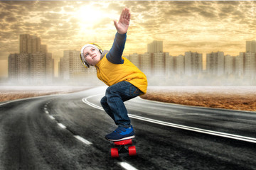 Boy doing tricks on a skateboard,skate on the road.The little boy in the style of Hip-Hop .The Young Rapper.Cool rap DJ.