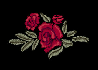 Embroidered red roses. Chic flowers. Vector floral print.