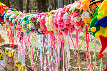 Close up beautiful colorful wreaths of flowers