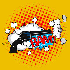 Comic bubbles speech cowboy pistol shot print. Text sound effect.