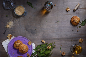 Bakery frame. Freshly baked walnut cookies on rustic background. Directly above, text space.