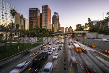 Fototapeta na wymiar Traffic in downtown Los Angeles, California at sunset