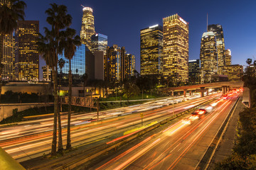 Fototapeta na wymiar Traffic in downtown Los Angeles California at night