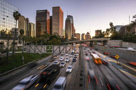 Traffic in downtown Los Angeles, California at sunset