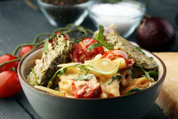 Whole Wheat Pasta Salad with Fresh Arugula, Mozzarella, Roasted Red Bell Peppers and Pesto Sauce