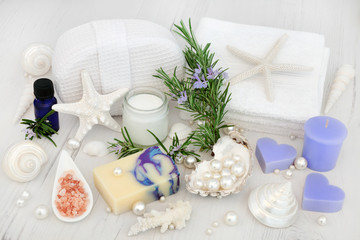 Fototapeta na wymiar Rosemary Herb Cleansing Products with Spa Beauty Treatment Accessories.
