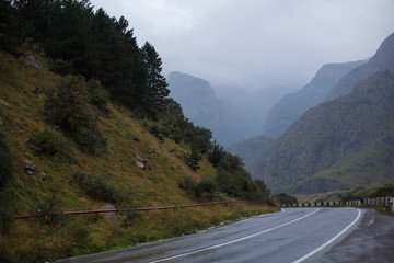 Cinematic road landscape. Road throuth the mountains