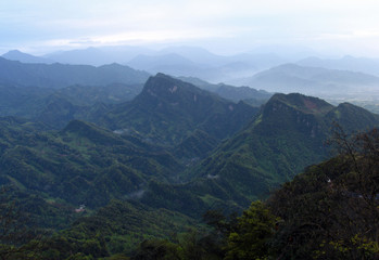 View of Qingcheng Mountain from Laojun Pavilion before sunrise, Sichuan province, China