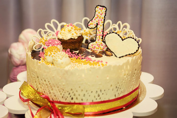 Candy Bar. Delicious sweet buffet with cupcakes. Sweet holiday buffet with cupcakes and other desserts.Table with sweets, candies, dessert,happy birthday concept