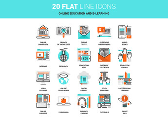 20 Line Art Online Education and E-Learning Icons