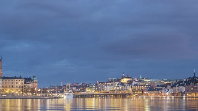 Panning time lapse of Sodermalm and the island Riddarholmen in central Stockholm at dusk.