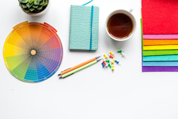 profession concept with designer tools on work desk background top view mockup