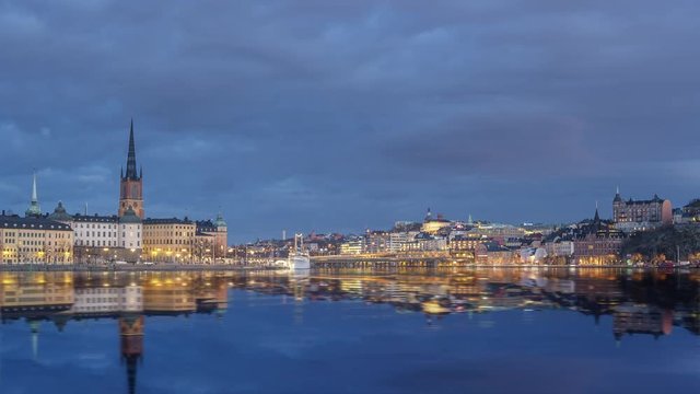 Time lapse of the island Riddarholmen and Sodermalm (in the background) in central Stockholm at dusk.