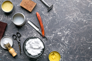 barbershop for men with tools on gray background top view mock up