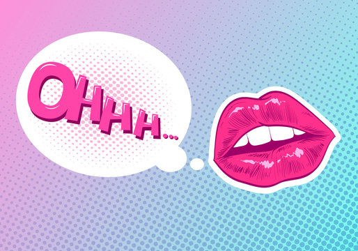 Pop art woman lips. Sexy mouth. Speech bubble comic book style. Hand drawn vector illustration.