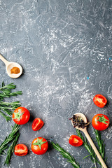 restaurant kitchen with tomato and rosemary on gray background top view mockup