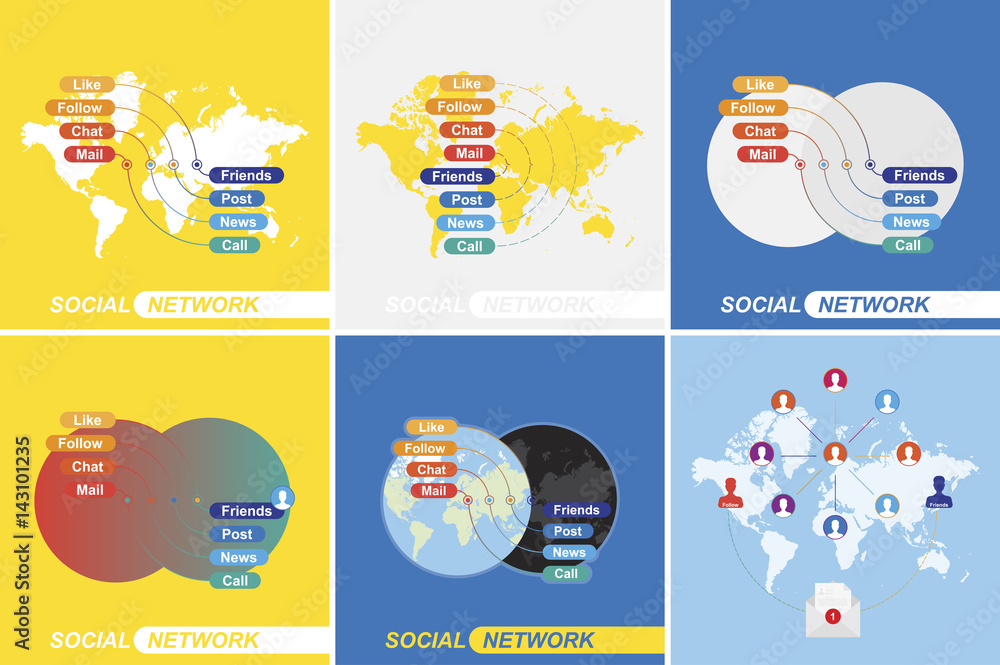 Poster set of concepts on the theme of social networks and communication on the internet. communication peo