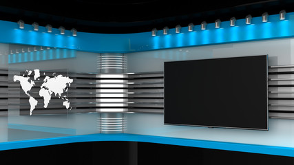 Tv Studio. Blue studio. Backdrop for TV shows .TV on wall. News studio. The perfect backdrop for any green screen or chroma key video or photo production. 3D rendering.