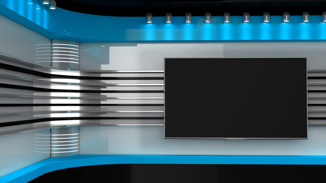 Tv Studio. Blue studio. Backdrop for TV shows .TV on wall. News studio. The perfect backdrop for any green screen or chroma key video or photo production. 3D rendering.