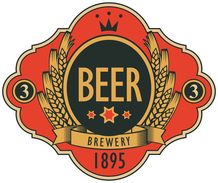 template vector beer label with coat of arms, ears of wheat, ribbon and crown in retro style