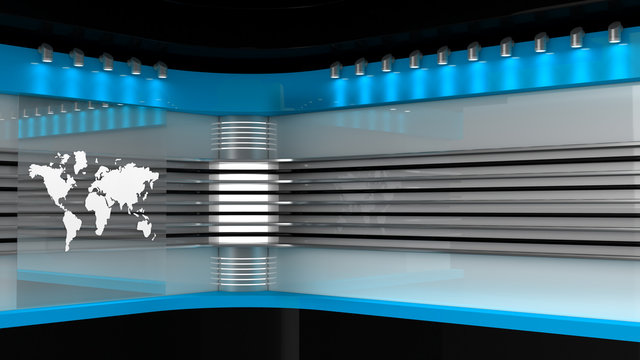 Tv Studio. Blue studio. Backdrop for TV shows .TV on wall. News studio. The perfect backdrop for any green screen or chroma key video or photo production. 3D rendering.