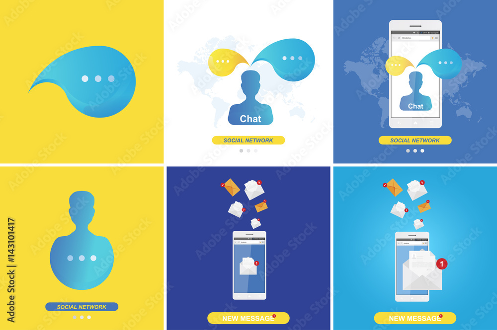 Poster set of concepts on the theme of social networks and communication on the internet. chat icon with a 