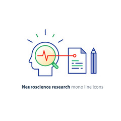 Neuroscience and psychology concept logo, science research, paper document and pencil
