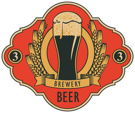 template vector beer label with glass of beer, coat of arms, ears of wheat and ribbon in retro style