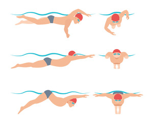 Vector illustration of swimming style scheme different swimmers man and woman in pool sport exercise.