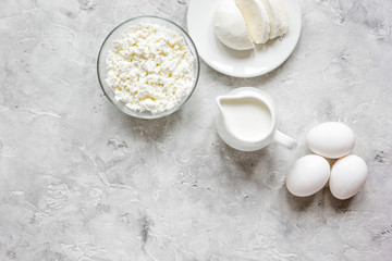 proteic breakfast concept with dairy products on table top view mock up