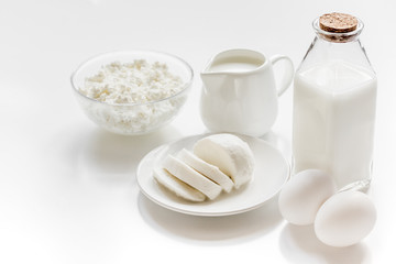 proteic breakfast concept with dairy products on table