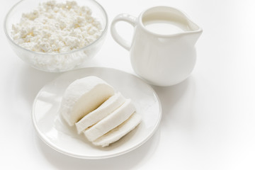 proteic breakfast concept with dairy products on table