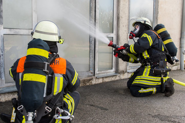 Obraz premium Feuerwehrmänner löschen brennendes Gebäude