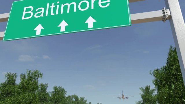 Airplane arriving to Baltimore airport. Travelling to United States conceptual 4K animation
