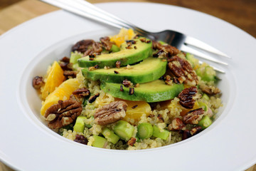 A freshly made asparagus salad with oranges and ginger miso dressing