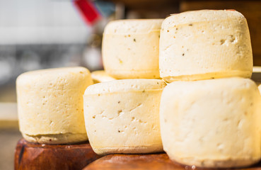 Selection of traditional Italian cheeses on a display at a street food market, selective focus
