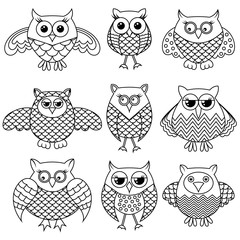Nine funny cartoon owl outlines