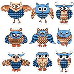 Naklejka premium Set of nine cartoon funny owlsv