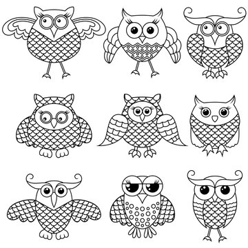 Set of nine funny cartoon owl outlines