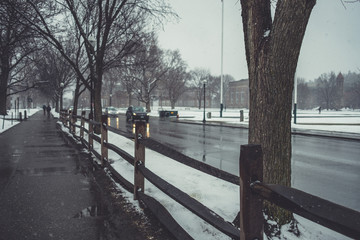 Street in Hanover, New Hampshire, covered in snow in winter