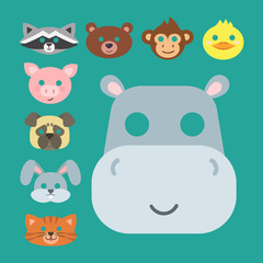 Animals carnival mask vector set festival decoration masquerade and party costume cute cartoon head decor isolated celebration vector illustration.
