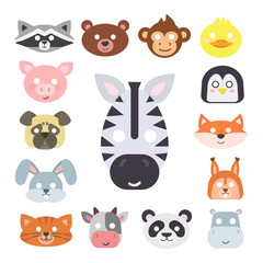 Animals carnival mask vector set festival decoration masquerade and party costume cute cartoon head decor isolated celebration vector illustration.