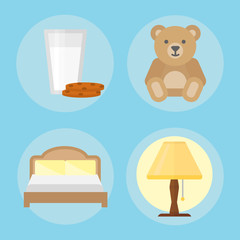 Sleep icons vector illustration set collection nap icon milk relax bedtime lamp bed bear cookies set