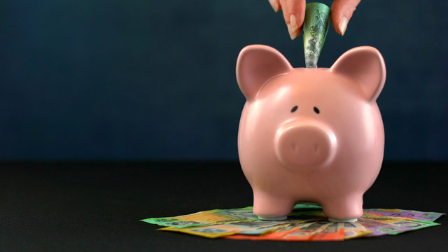 Pink Piggy bank money concept on dark blue background