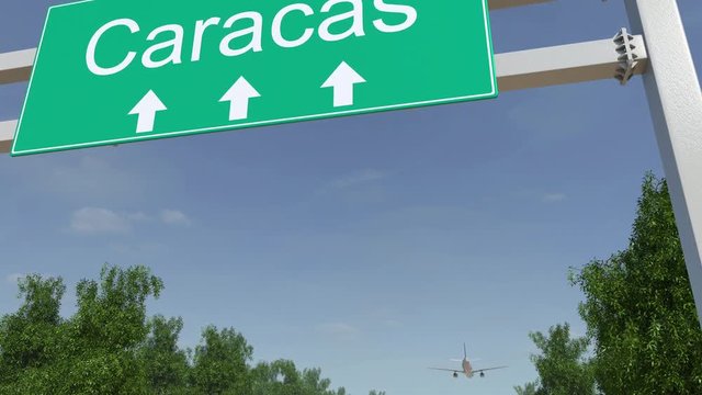 Airplane arriving to Caracas airport. Travelling to Venezuela conceptual 4K animation