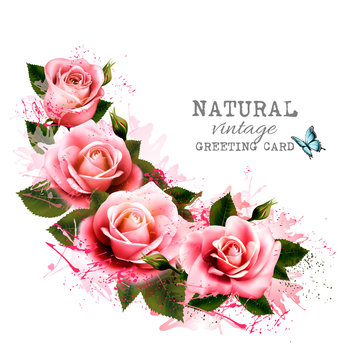 Natural vintage greeting card with roses. Vector.