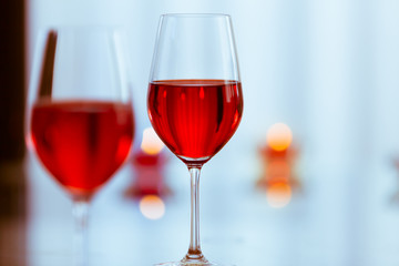 Wine glass on a restaurant table. 