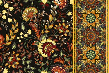 Seamless floral patterns set. Vintage flowers backgrounds and borders with leave. Vector ornaments.