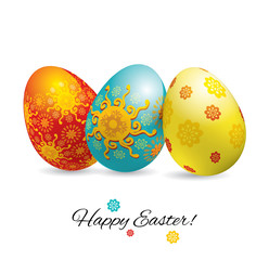 Three bright ornamental realistic Easter eggs with shadow on white background. Easter banner