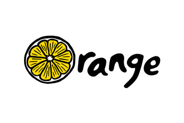 The word orange spelt with a drawing of a slice of orange, vector illustration.